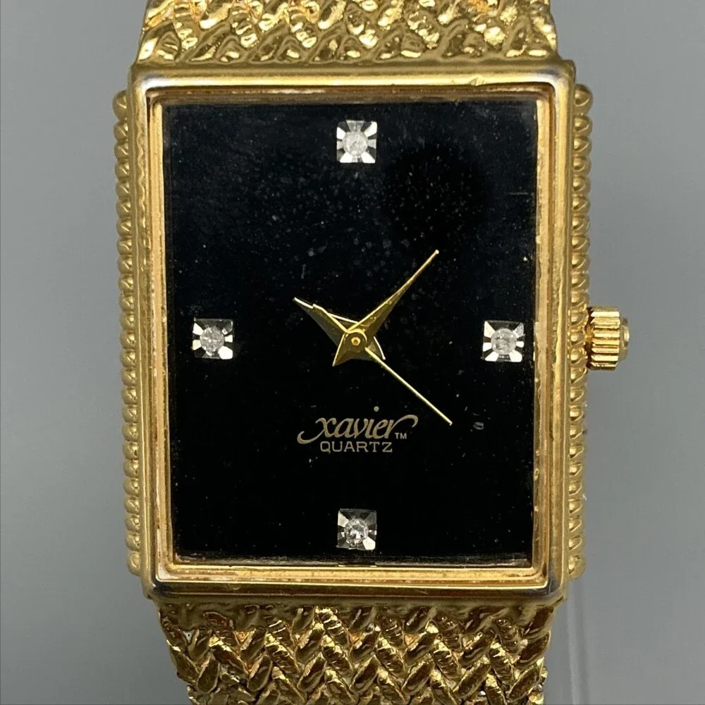 Vintage Xavier Mens Watch 23mm Black Dial Gold Tone Gem Markers New Battery